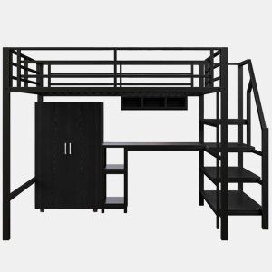 Cama alta 140 × 200 cm u2014 roupeiro, prateleiras, escada e secretária, sem colchão u2014 Preto