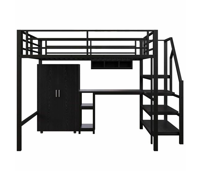 Cama alta 140 × 200 cm - armario, estantes, escalera y escritorio, sin colchón - negro