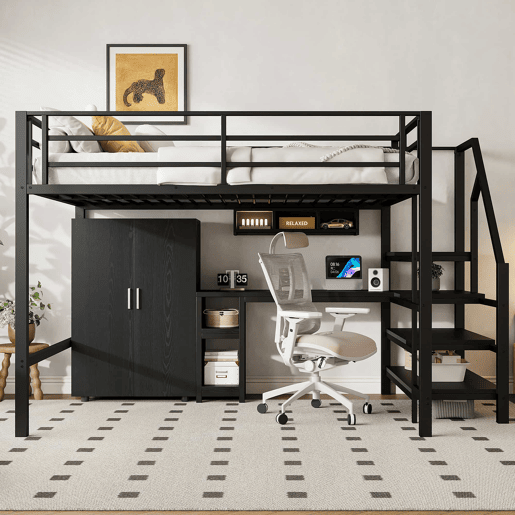 Cama alta 140 × 200 cm u2014 roupeiro, prateleiras, escada e secretária, sem colchão u2014 Preto