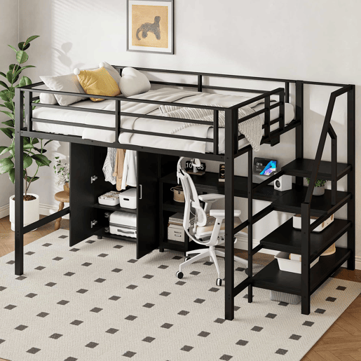 Cama alta 140 × 200 cm u2014 roupeiro, prateleiras, escada e secretária, sem colchão u2014 Preto