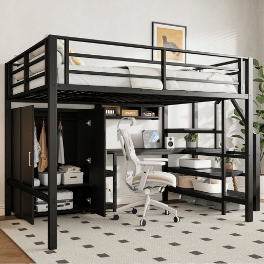 Cama alta 140 × 200 cm u2014 roupeiro, prateleiras, escada e secretária, sem colchão u2014 Preto