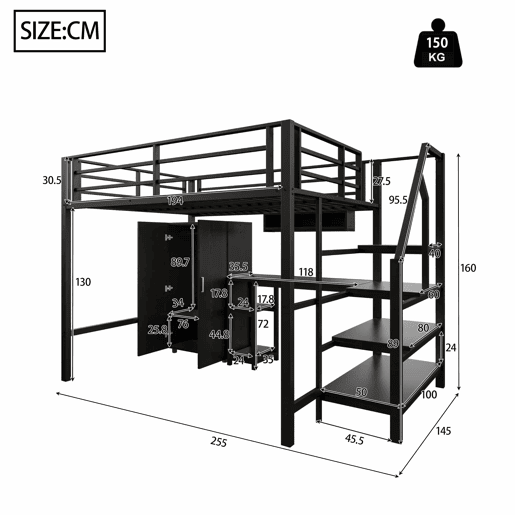 Cama alta 140 × 200 cm u2014 roupeiro, prateleiras, escada e secretária, sem colchão u2014 Preto
