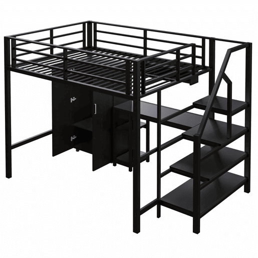 Cama alta 140 × 200 cm u2014 roupeiro, prateleiras, escada e secretária, sem colchão u2014 Preto