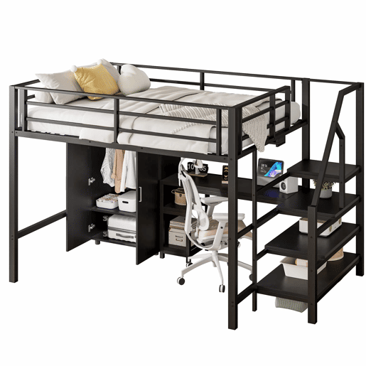 Cama alta 140 × 200 cm u2014 roupeiro, prateleiras, escada e secretária, sem colchão u2014 Preto