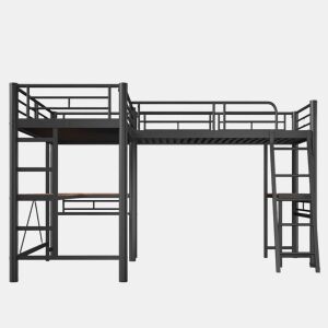 Cama alta de casal 90 × 200 cm u2013 mesa inferior, escada dupla e grade alta u2013 Preto