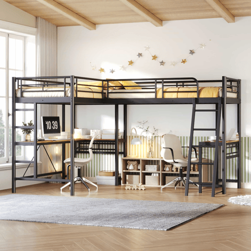 Cama alta de casal 90 × 200 cm u2013 mesa inferior, escada dupla e grade alta u2013 Preto