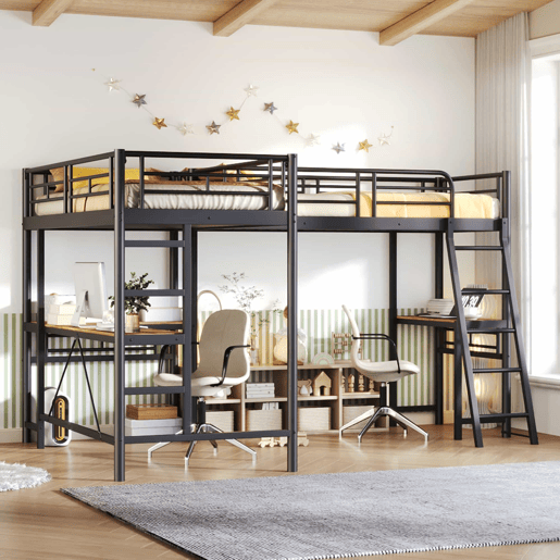 Cama alta de casal 90 × 200 cm u2013 mesa inferior, escada dupla e grade alta u2013 Preto