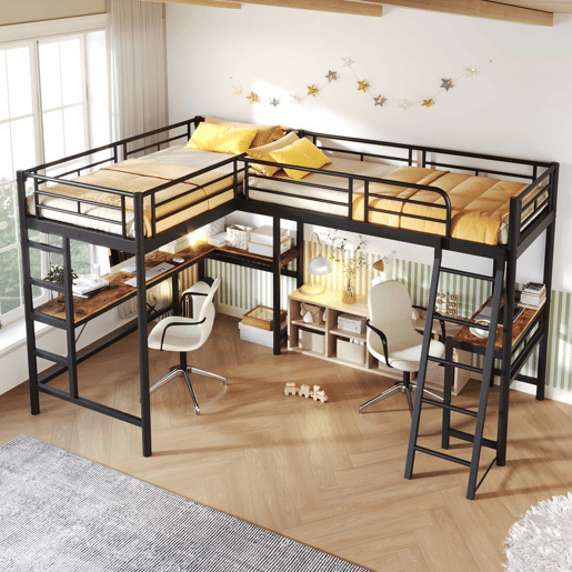 Cama alta de casal 90 × 200 cm u2013 mesa inferior, escada dupla e grade alta u2013 Preto