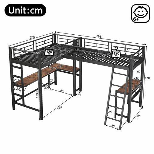 Cama alta de casal 90 × 200 cm u2013 mesa inferior, escada dupla e grade alta u2013 Preto