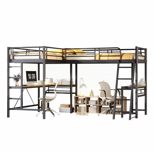 Cama alta de casal 90 × 200 cm u2013 mesa inferior, escada dupla e grade alta u2013 Preto
