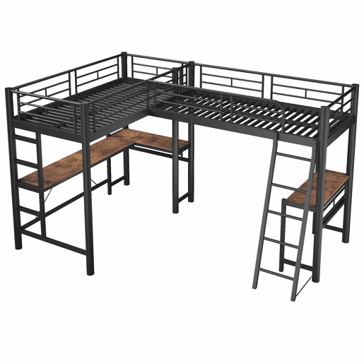 Cama alta de casal 90 × 200 cm u2013 mesa inferior, escada dupla e grade alta u2013 Preto
