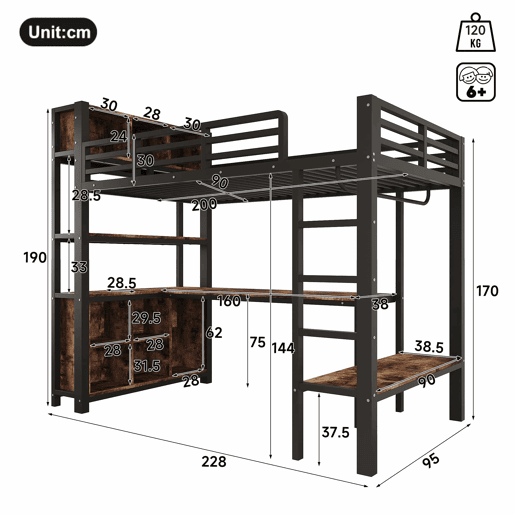 Cama alta 90 x 200 cm u2013 secretária, cabideiro e arrumação, sem colchão u2013 preta Cama alta 90 x 200 cm u2013 secretária, cabideiro e arrumação, sem colchão u2013 preta
