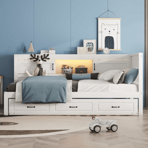 Sofá-cama 90 × 200 cm - LED, arrumação lateral, cama extra, tomada e USB, sem colchão - Branco