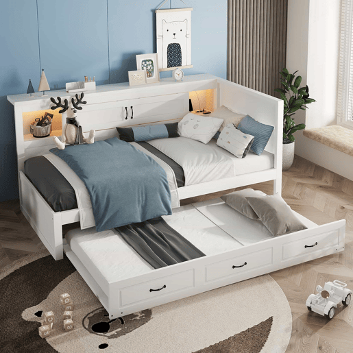 Sofá-cama 90 × 200 cm - LED, arrumação lateral, cama extra, tomada e USB, sem colchão - Branco