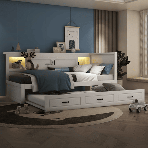 Sofá-cama 90 × 200 cm - LED, arrumação lateral, cama extra, tomada e USB, sem colchão - Branco