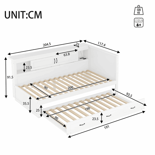 Sofá-cama 90 × 200 cm - LED, arrumação lateral, cama extra, tomada e USB, sem colchão - Branco
