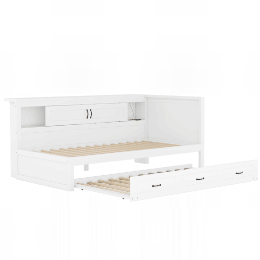 Sofá-cama 90 × 200 cm - LED, arrumação lateral, cama extra, tomada e USB, sem colchão - Branco
