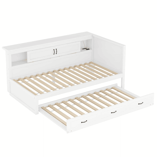 Sofá-cama 90 × 200 cm - LED, arrumação lateral, cama extra, tomada e USB, sem colchão - Branco