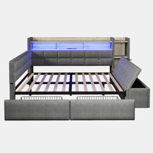 Sofá-cama 140 × 190 cm u2013 2 gavetas, USB, Type-C, prateleira, banco com arrumação e LED, sem colchão u2013 Cinza escuro