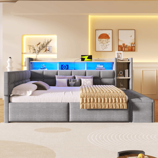 Sofá-cama 140 × 190 cm u2013 2 gavetas, USB, Type-C, prateleira, banco com arrumação e LED, sem colchão u2013 Cinza escuro