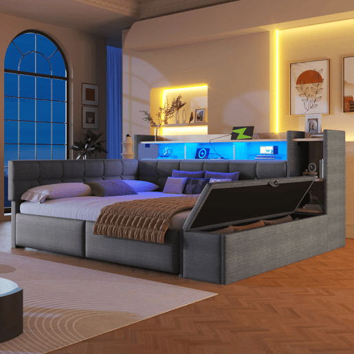 Sofá-cama 140 × 190 cm u2013 2 gavetas, USB, Type-C, prateleira, banco com arrumação e LED, sem colchão u2013 Cinza escuro