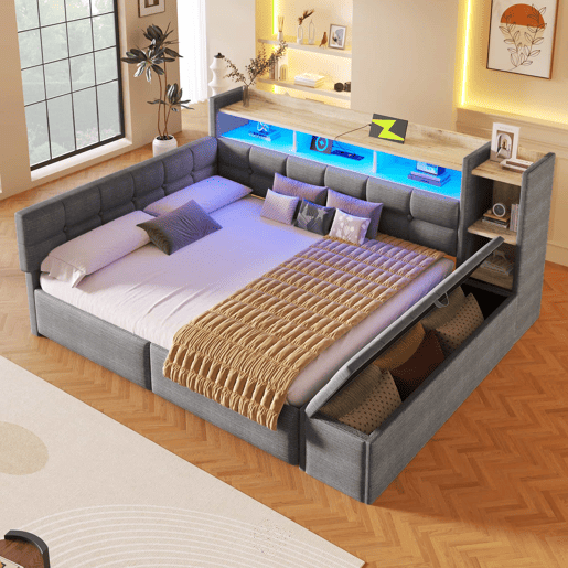 Sofá-cama 140 × 190 cm u2013 2 gavetas, USB, Type-C, prateleira, banco com arrumação e LED, sem colchão u2013 Cinza escuro