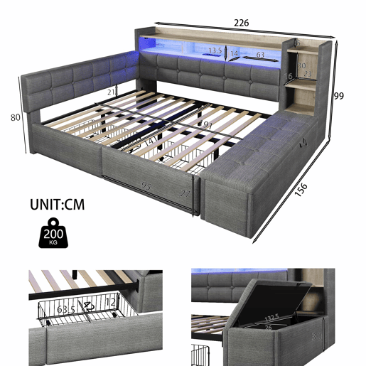 Sofá-cama 140 × 190 cm u2013 2 gavetas, USB, Type-C, prateleira, banco com arrumação e LED, sem colchão u2013 Cinza escuro