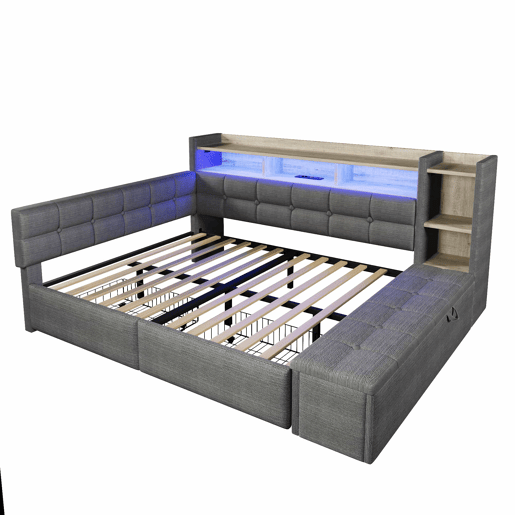 Sofá-cama 140 × 190 cm u2013 2 gavetas, USB, Type-C, prateleira, banco com arrumação e LED, sem colchão u2013 Cinza escuro