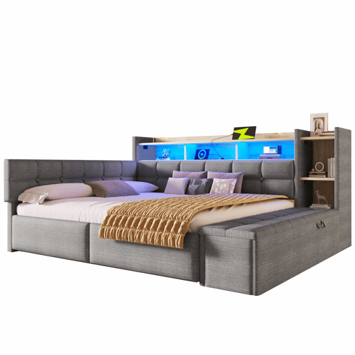 Sofá-cama 140 × 190 cm u2013 2 gavetas, USB, Type-C, prateleira, banco com arrumação e LED, sem colchão u2013 Cinza escuro