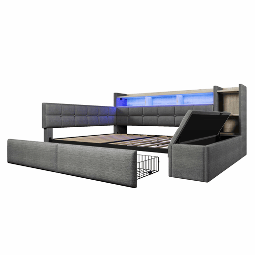 Sofá-cama 140 × 190 cm u2013 2 gavetas, USB, Type-C, prateleira, banco com arrumação e LED, sem colchão u2013 Cinza escuro