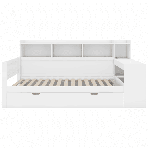 Sofá-cama 90 × 200 cm - secretária, prateleiras, 2 gavetas, tomada e porta USB, sem colchão - Branco