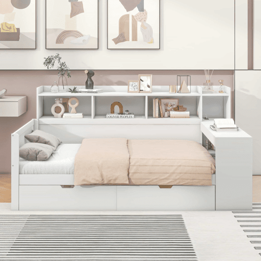 Sofá-cama 90 × 200 cm - secretária, prateleiras, 2 gavetas, tomada e porta USB, sem colchão - Branco