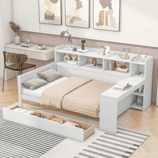 Sofá-cama 90 × 200 cm - secretária, prateleiras, 2 gavetas, tomada e porta USB, sem colchão - Branco