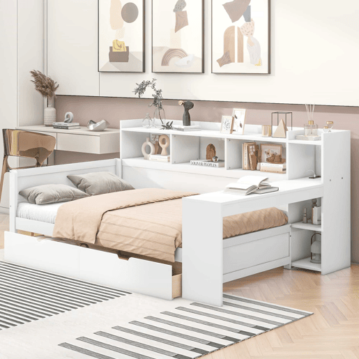 Sofá-cama 90 × 200 cm - secretária, prateleiras, 2 gavetas, tomada e porta USB, sem colchão - Branco