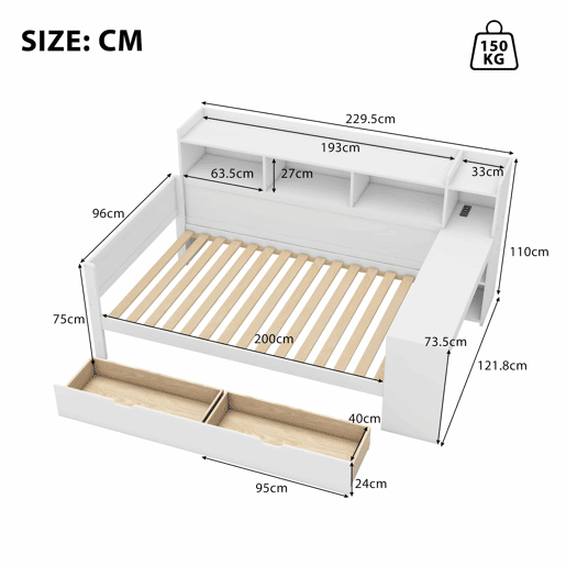 Sofá-cama 90 × 200 cm - secretária, prateleiras, 2 gavetas, tomada e porta USB, sem colchão - Branco