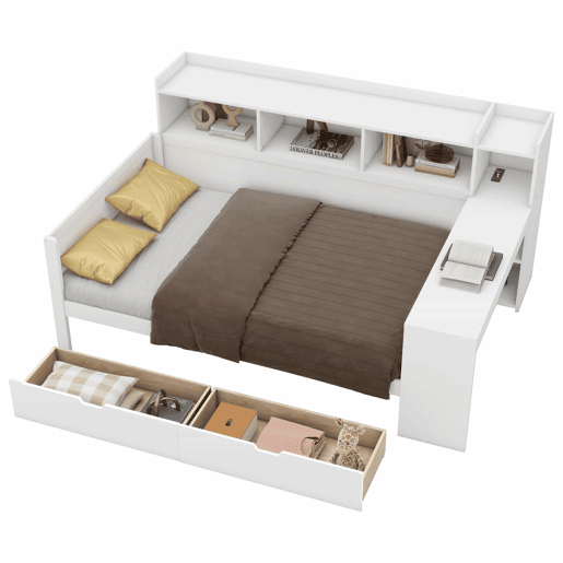 Sofá-cama 90 × 200 cm - secretária, prateleiras, 2 gavetas, tomada e porta USB, sem colchão - Branco