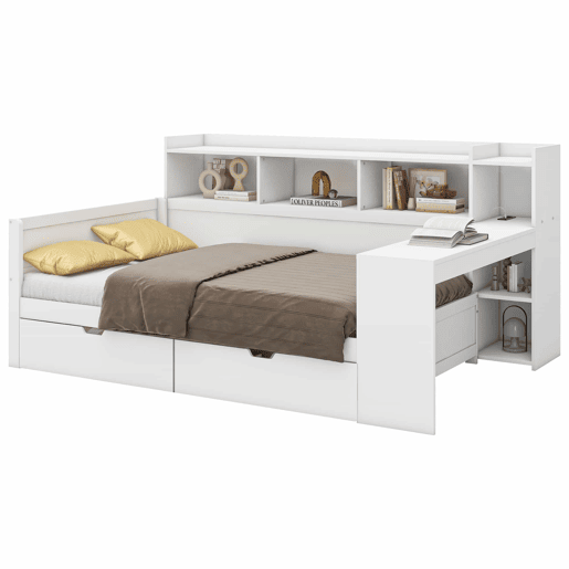 Sofá-cama 90 × 200 cm - secretária, prateleiras, 2 gavetas, tomada e porta USB, sem colchão - Branco