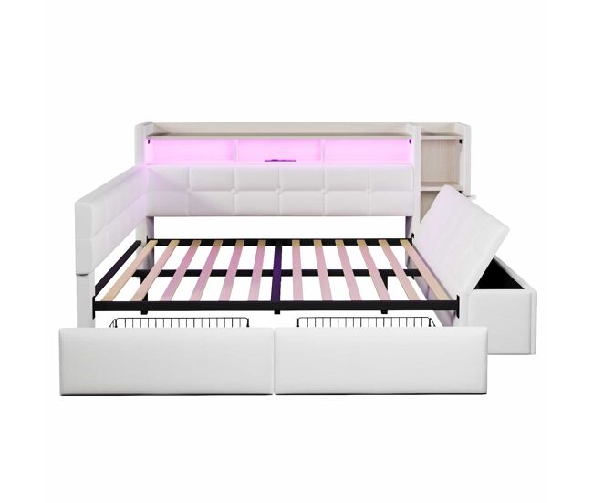 Sofá cama 140 × 190 cm - 2 cajones, usb, type-c, estante, banco con almacenaje y led, sin colchón - blanco