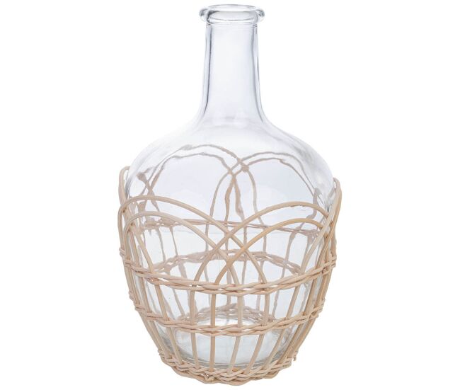 Jarrón de vidrio forrado de ratán beige d4.5/14x26h cm