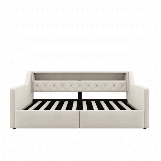 Sofá-cama rebatível 90 × 200 cm u2013 LED, arrumação hidráulica, USB e Type-C, tecido de linho, sem colchão u2013 Bege Sofá-cama rebatível 90 × 200 cm u2013 LED, arrumação hidráulica, USB e Type-C, tecido de linho, sem colchão u2013 Bege