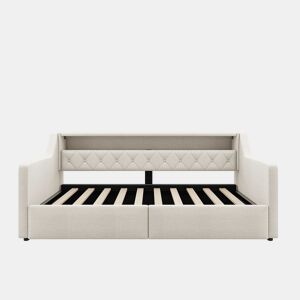 Sofá-cama rebatível 90 × 200 cm u2013 LED, arrumação hidráulica, USB e Type-C, tecido de linho, sem colchão u2013 Bege