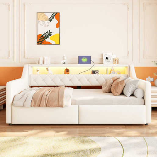 Sofá-cama rebatível 90 × 200 cm u2013 LED, arrumação hidráulica, USB e Type-C, tecido de linho, sem colchão u2013 Bege Sofá-cama rebatível 90 × 200 cm u2013 LED, arrumação hidráulica, USB e Type-C, tecido de linho, sem colchão u2013 Bege