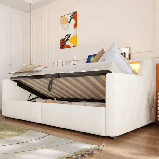 Sofá-cama rebatível 90 × 200 cm u2013 LED, arrumação hidráulica, USB e Type-C, tecido de linho, sem colchão u2013 Bege Sofá-cama rebatível 90 × 200 cm u2013 LED, arrumação hidráulica, USB e Type-C, tecido de linho, sem colchão u2013 Bege