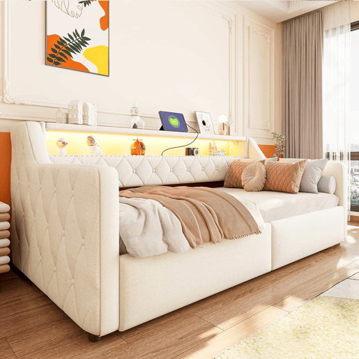 Sofá-cama rebatível 90 × 200 cm u2013 LED, arrumação hidráulica, USB e Type-C, tecido de linho, sem colchão u2013 Bege Sofá-cama rebatível 90 × 200 cm u2013 LED, arrumação hidráulica, USB e Type-C, tecido de linho, sem colchão u2013 Bege