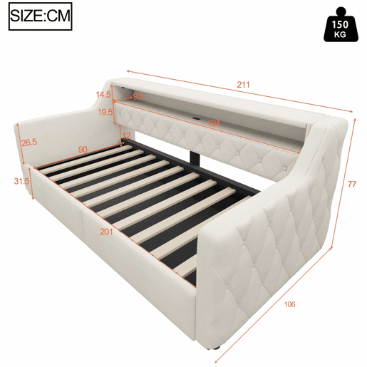 Sofá-cama rebatível 90 × 200 cm u2013 LED, arrumação hidráulica, USB e Type-C, tecido de linho, sem colchão u2013 Bege Sofá-cama rebatível 90 × 200 cm u2013 LED, arrumação hidráulica, USB e Type-C, tecido de linho, sem colchão u2013 Bege