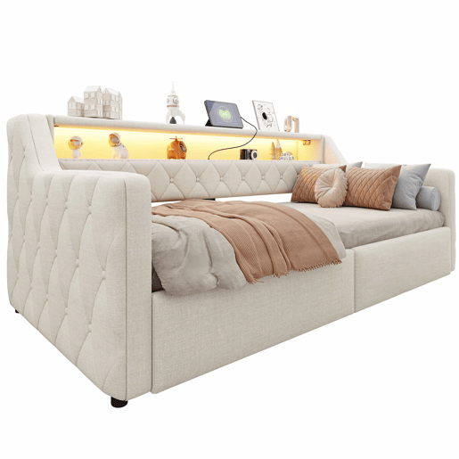 Sofá-cama rebatível 90 × 200 cm u2013 LED, arrumação hidráulica, USB e Type-C, tecido de linho, sem colchão u2013 Bege Sofá-cama rebatível 90 × 200 cm u2013 LED, arrumação hidráulica, USB e Type-C, tecido de linho, sem colchão u2013 Bege
