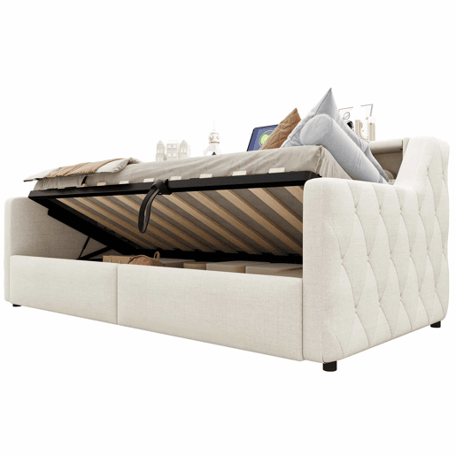 Sofá-cama rebatível 90 × 200 cm u2013 LED, arrumação hidráulica, USB e Type-C, tecido de linho, sem colchão u2013 Bege Sofá-cama rebatível 90 × 200 cm u2013 LED, arrumação hidráulica, USB e Type-C, tecido de linho, sem colchão u2013 Bege