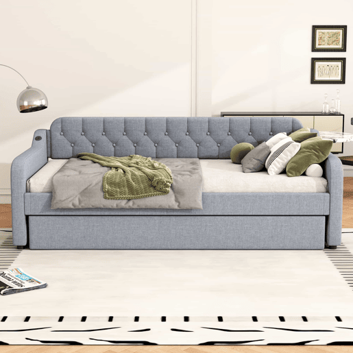 Sofá-cama 90 × 200 cm - cama extra extraível e porta USB - Cinzento