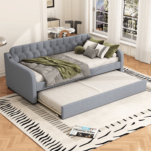 Sofá-cama 90 × 200 cm - cama extra extraível e porta USB - Cinzento