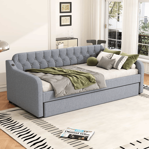 Sofá-cama 90 × 200 cm - cama extra extraível e porta USB - Cinzento